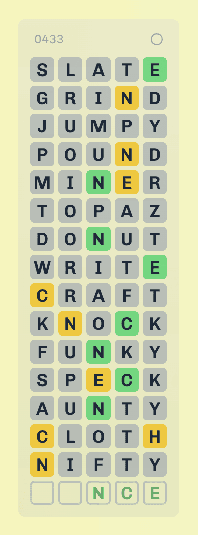 A single game of Wordle inside Everydle being solved