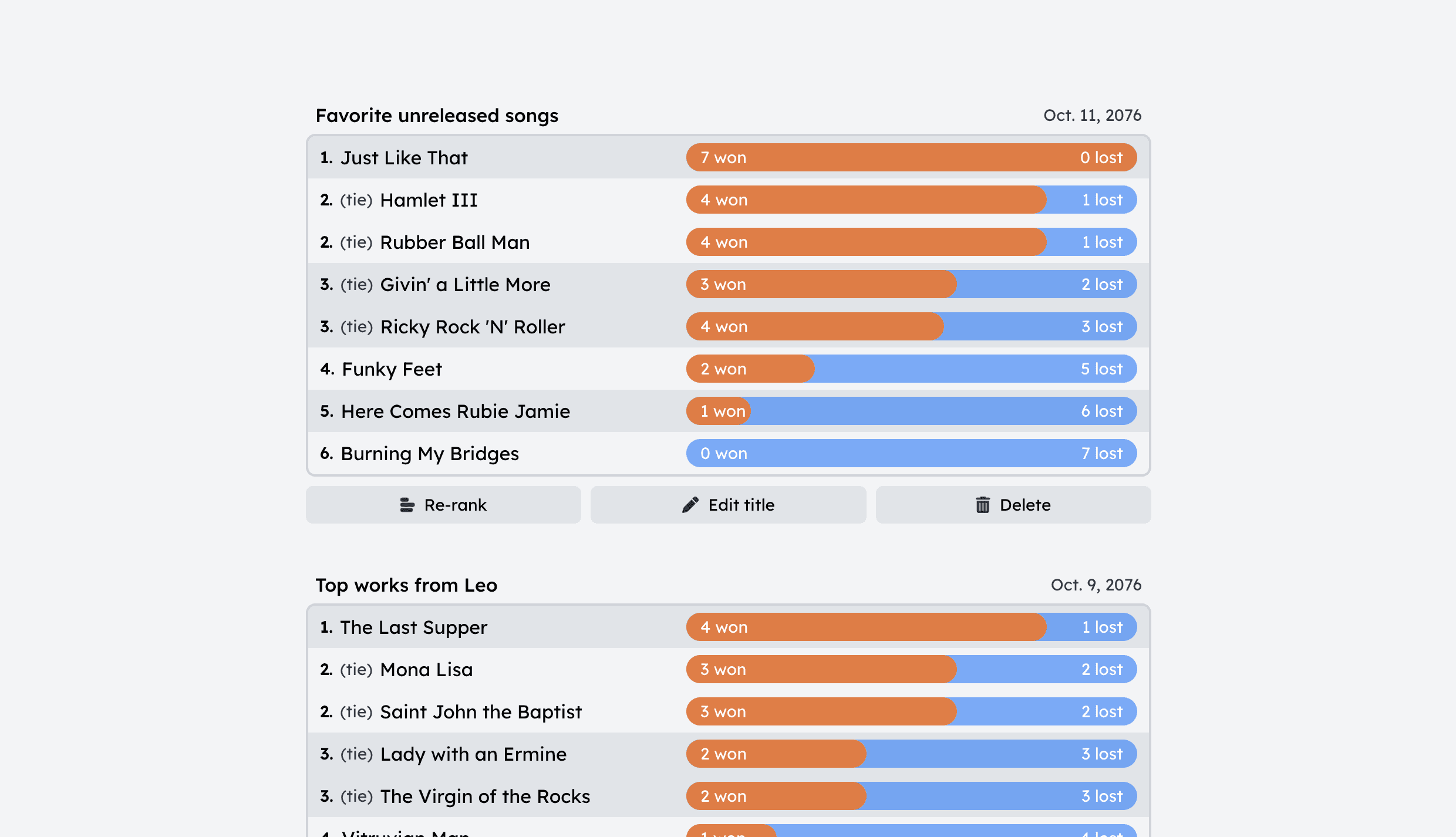 Screenshot of Pairckle showing three saved rankings, titled "Favorite unreleased songs," "Top works from Leo," and "Best clouds"
